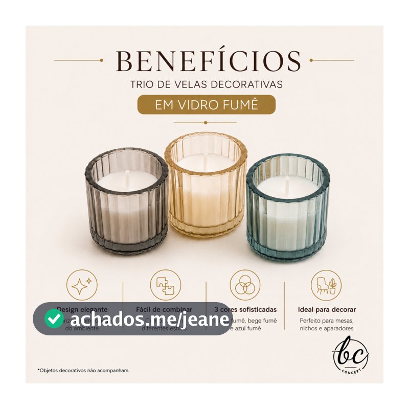 Trio De Velas Decorativas Em Vidro Fumê Cinza Bege Azul 4x5,5cm