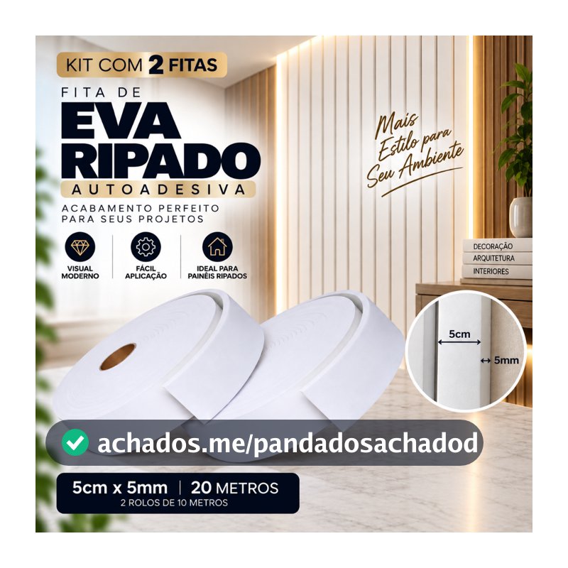 KIT De 2 Fitas de EVA para Ripado Branco Autocolante 5cmx5mmx20m Painel Decorativo para Parede Porta e Vedaçao