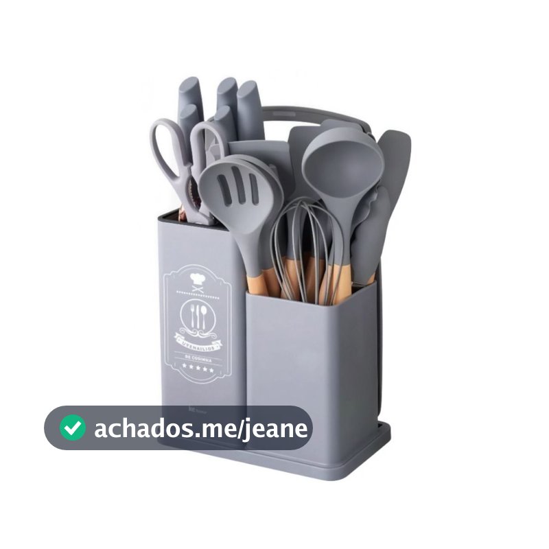 Kit De Utensílios Cinza Completo 19 ítens California Cozinha Cozinheiro Chef Jantar Moderno Funcional Suporte Presente