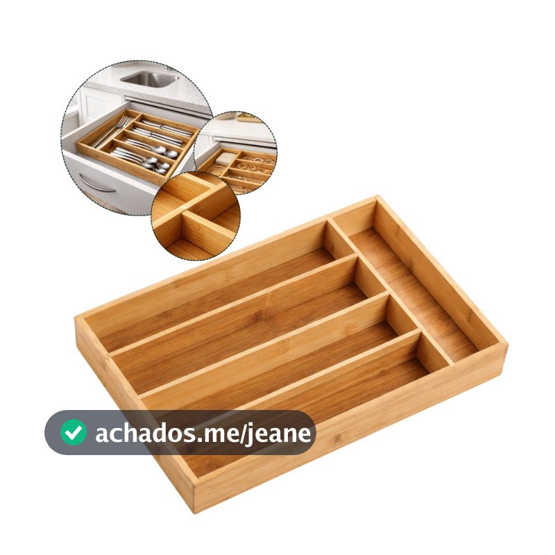 Organizador de Talheres em Bambu para Gaveta 33x25x4,5cm Divisória Portátil Cozinha