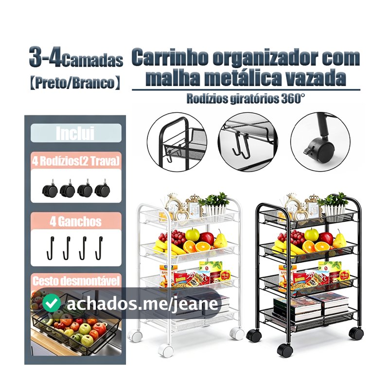 Carrinho Inox 3/4 Andares Organizador Multiuso Aramado com Rodinhas para Cozinha, Banheiro e Cosméticos