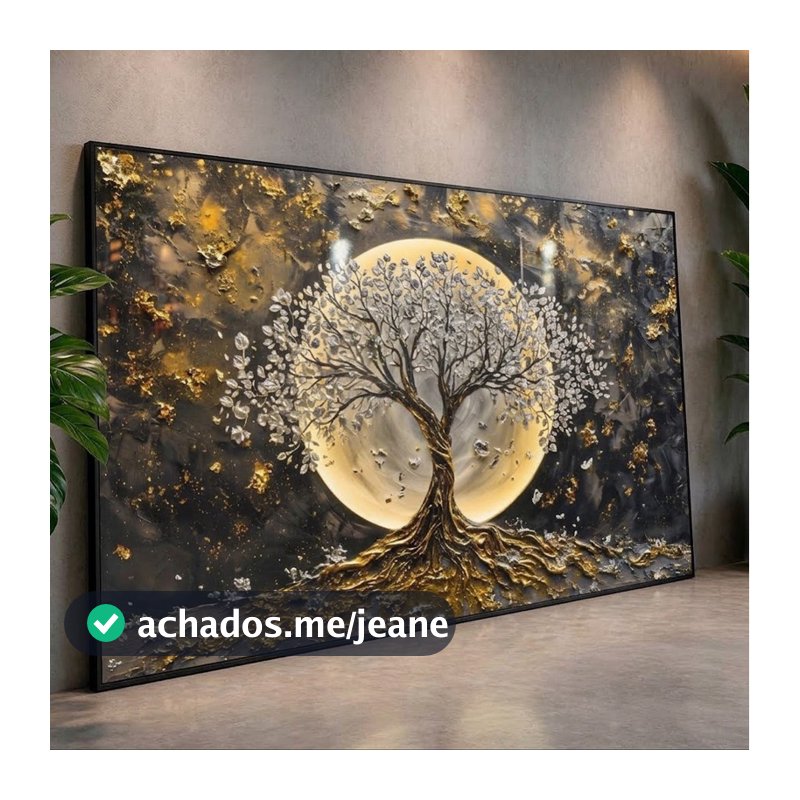 Quadro Decorativo 112X82 Full HD Lua Dourada Árvore Branca Paisagem Luxo Sala Quarto