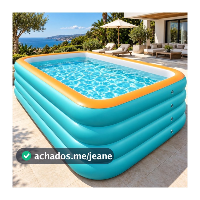 Piscina Inflável Grande 3200 Litros 300x175x68cm 4 Anéis Retangular Adulto Família Jardim Quintal Verão PVC