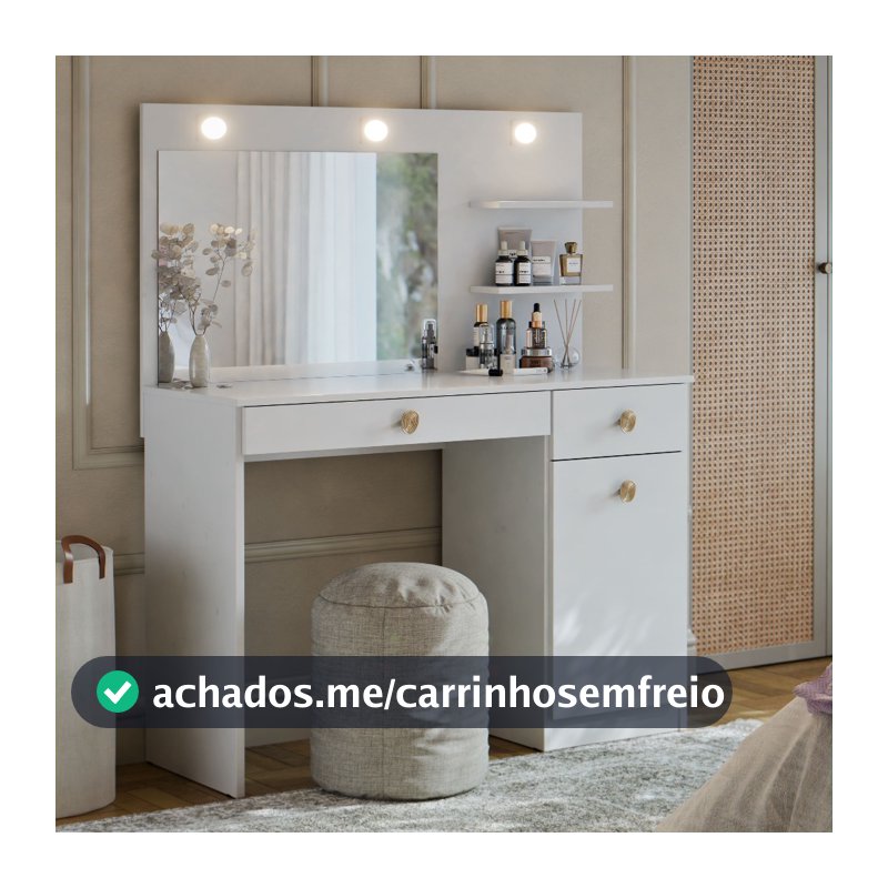 Penteadeira Camarim Jolie com Espelho LED Com Gaveta e Porta Prateleira Organizar Maquiagem Studio Quarto