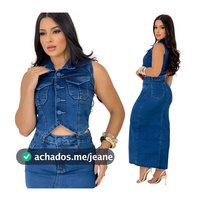Conjunto Jeans Colete Com Botão Saia Midi Com Fenda