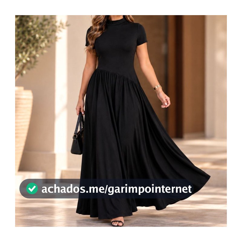 Vestido Longo Feminino Gola Alta Manga Curta Saia Ampla Tecido Suede Elegante 38 ao 44