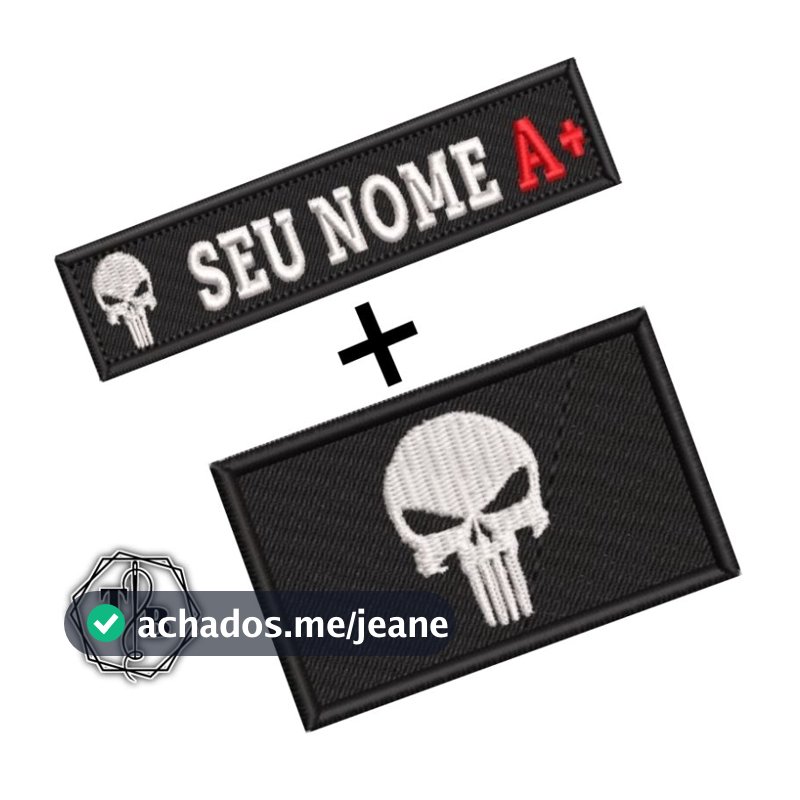 Kit Tarjeta + Bandeira Caveira Tática Personalizada | Nome + Tipo Sanguíneo | Preto e Cinza – Velcro, Liso ou Termocolan
