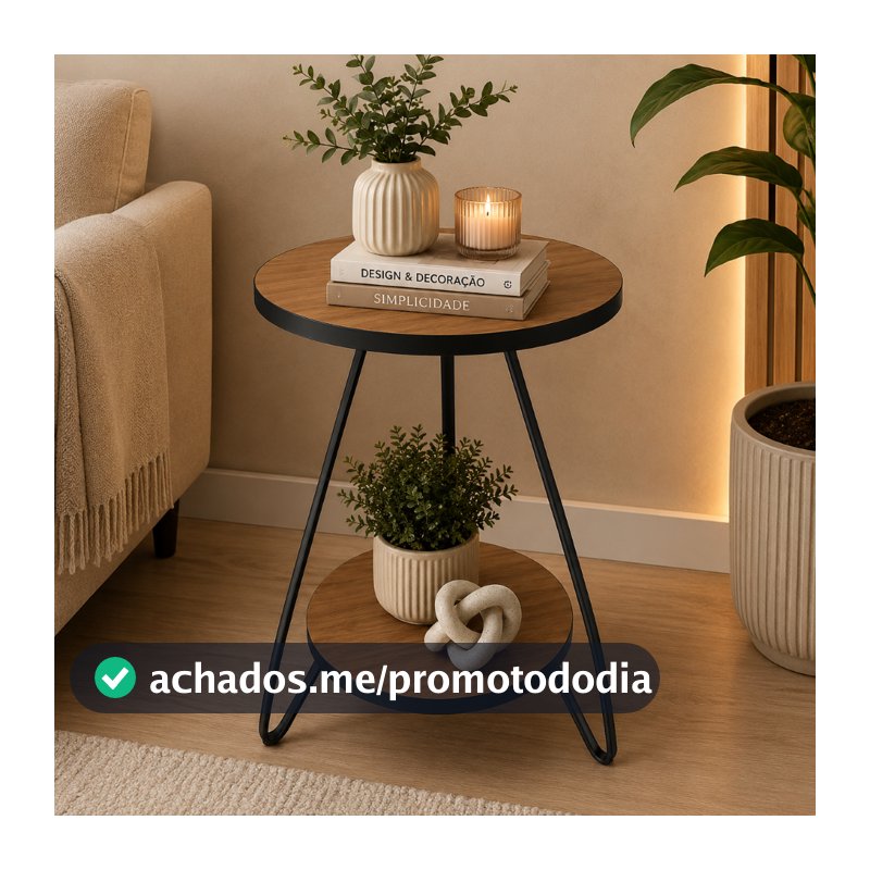 Mesinha de Canto Decorativa Redonda E Lateral Pés de Ferro