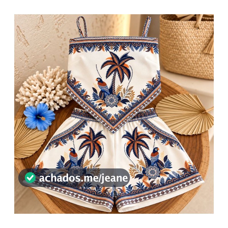 Conjunto Feminino Verão Cropped Lenço e Short Estampado Tropical Moda Praia Look Feminino Soltinho