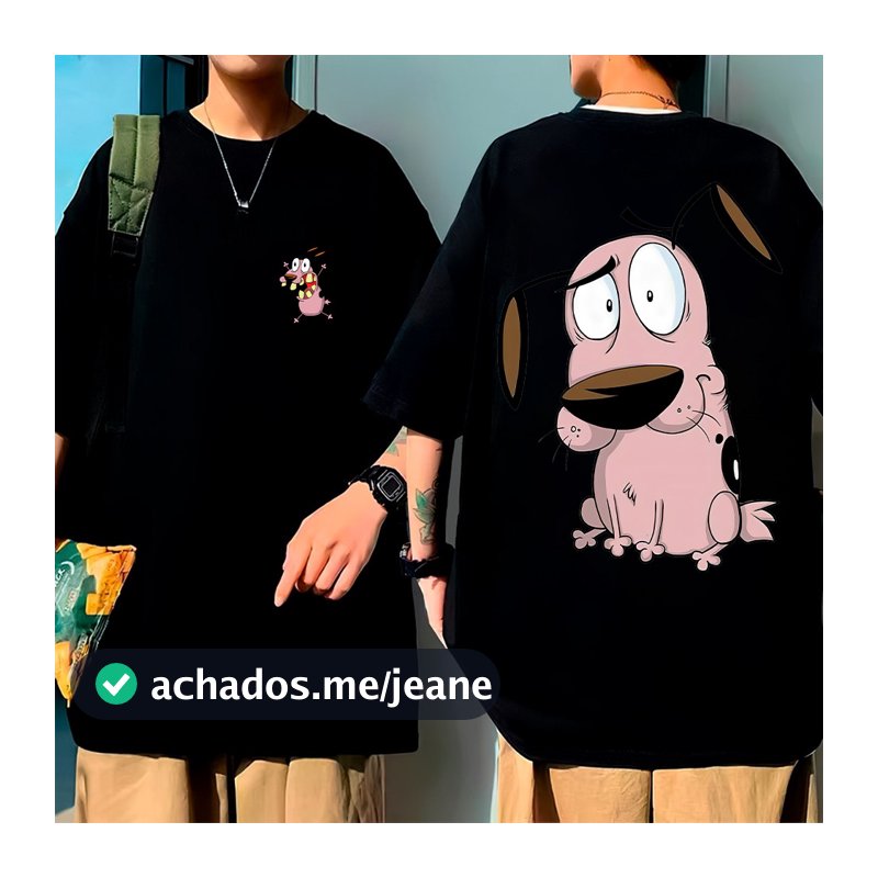 Camiseta Oversized Unissex Preta, Alta Qualidade, Estampa Coragem, o Cão Covarde