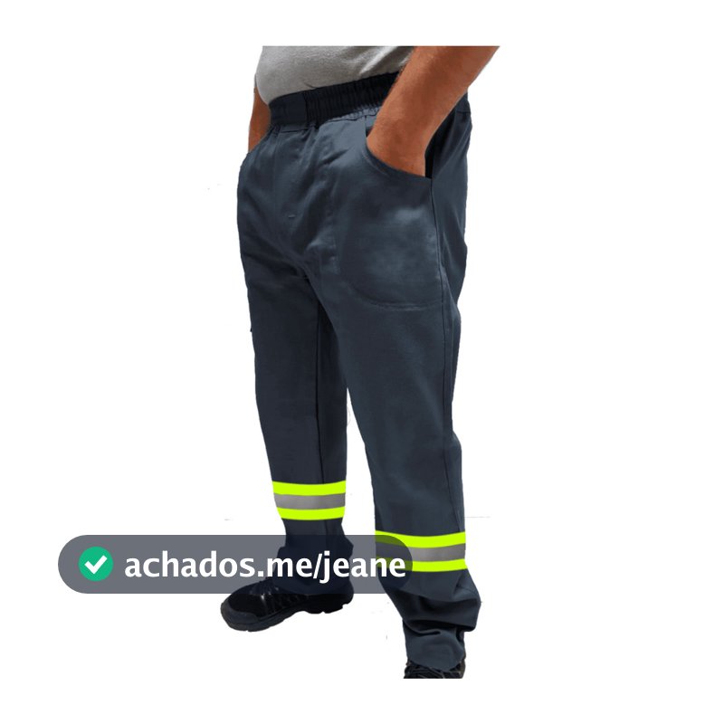 Calça de Uniforme Eletricista Brim Profissional Reforçada Com Faixa Refletiva Verde