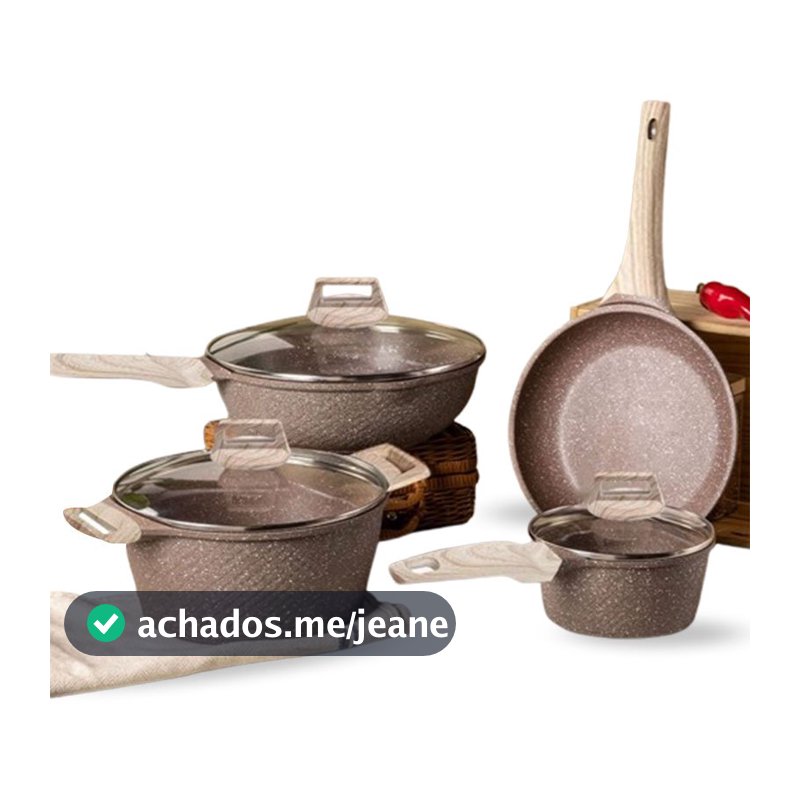 Jogo de Panelas 4 Peças Indução Gás Conjunto de Panelas Cerâmico Cabo Ergonômico Madeira