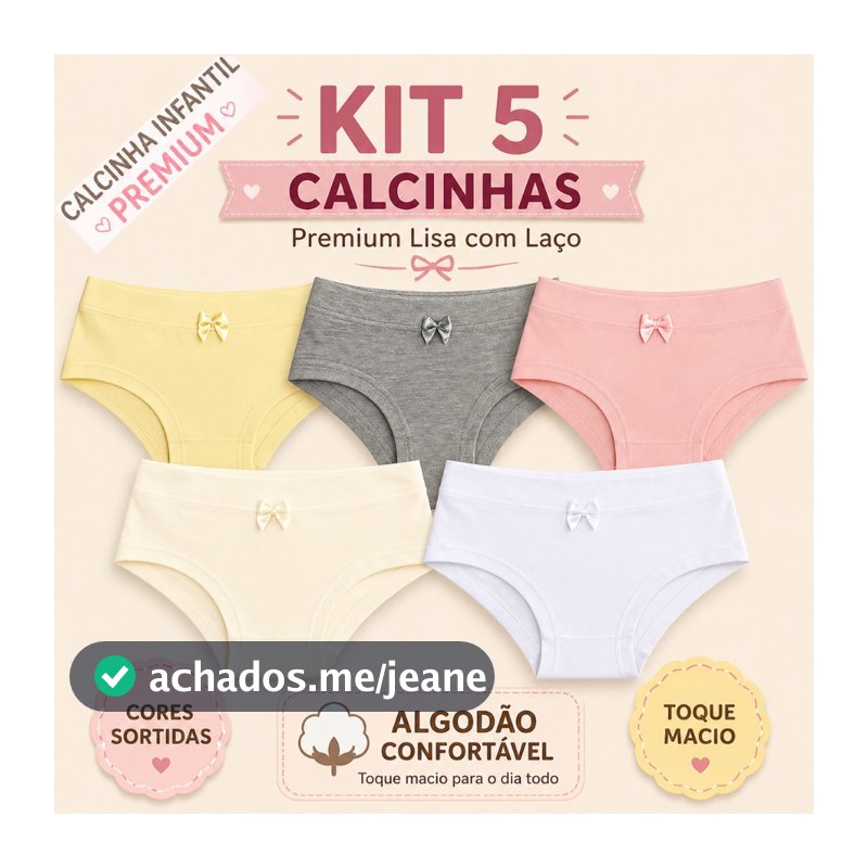 Kit 5 Calcinhas Infantis Lisas com Laço Algodão Cotton Ceci Girl
