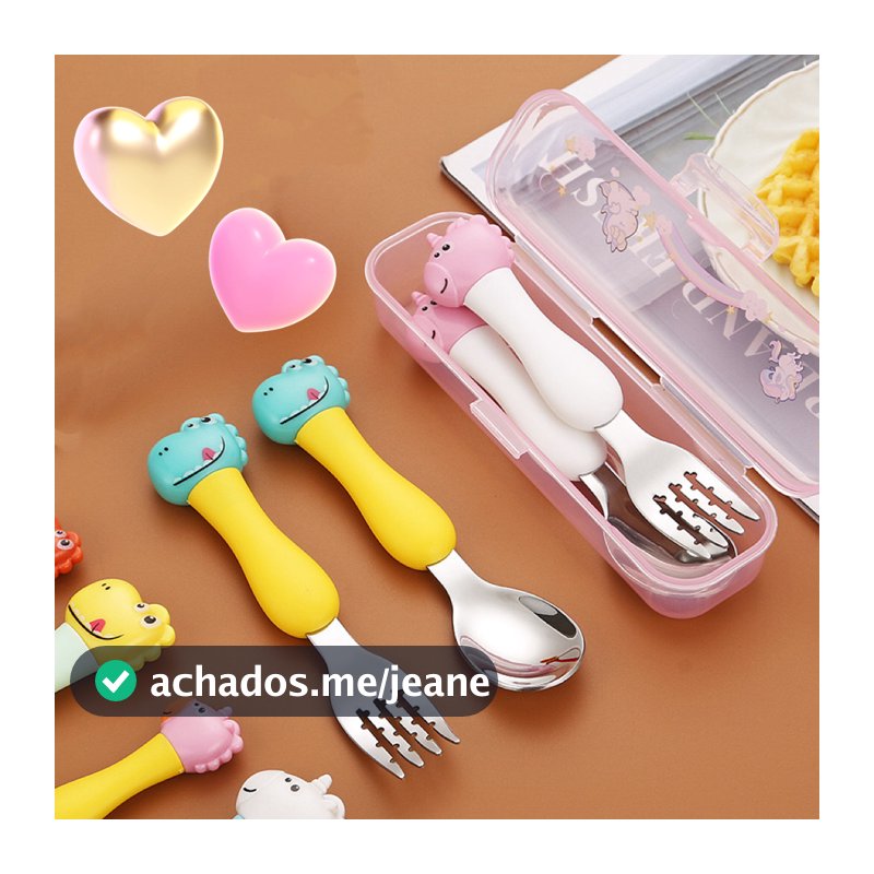 Talher Garfo Colher Infantil Com Estojo Aço Inox 304 Unicórnio Dinossauro