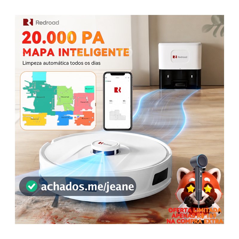Robô Aspirador Passa Pano Redroad R11 Inteligente 20000Pa Autoesvaziável 3 em 1 App e Voz Silencioso Para Pets 127/220V