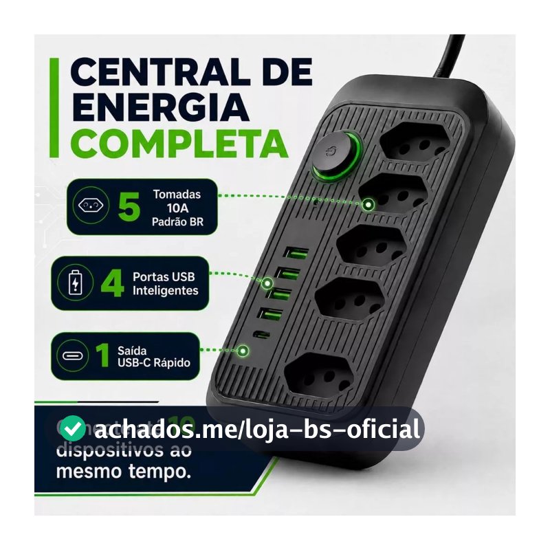 Régua Filtro de Linha com 5 Tomadas Extensão Elétrica Universal 4 USB e 1 USB-C Bivolt 10A 110v/220v Cabo de 2 Metros