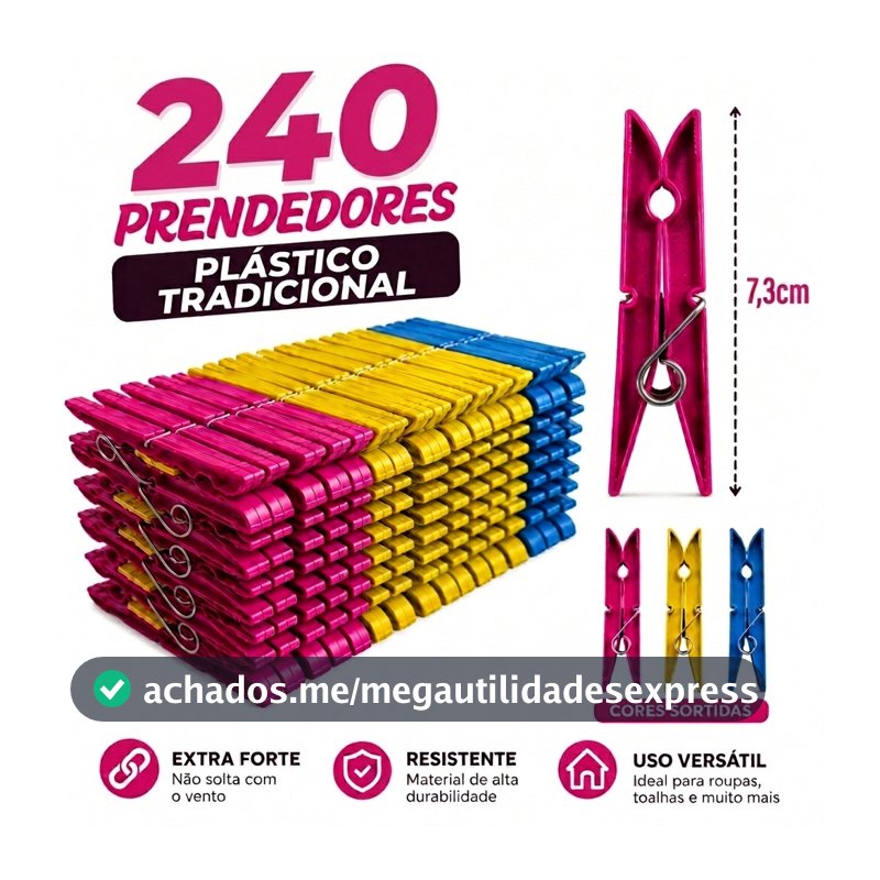Pregadores de Roupa PLÁSTICO Mega Reforçado - Cores Sortidas Kit com 240 / 180 / 120 / 72 / 60