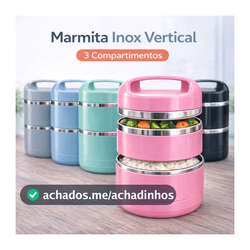 Lancheira Vertical Inox 1080ml 3 Compartimentos Linha Premium - Marmita Portátil com Tampa e Alça