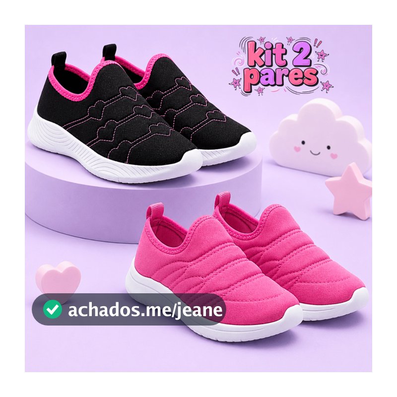 Kit 2 Pares Tênis Infantil Menina Calce Fácil Feminino Casual Leve Macio e Confortável