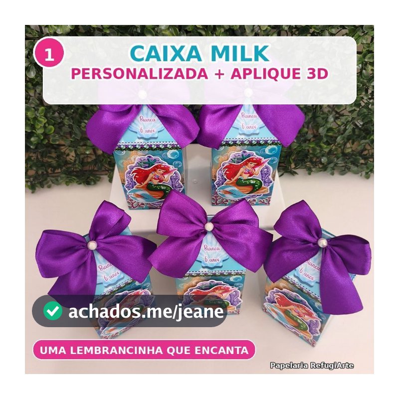 Caixa Milk Personalizada Pequena Sereia Ariel com Laço e Aplique 3D