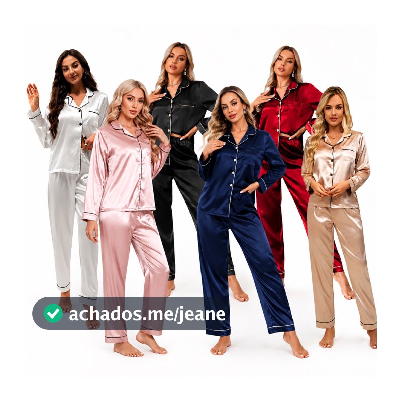 Pijama feminino Americano Cetim de Seda com Elastano Bolso e Botão Calça e Camisa Manga Longa