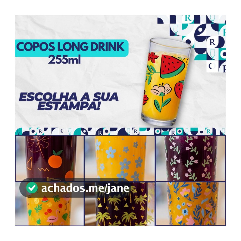 Jogo 6 Copos Long Drink Ruvolo Red Fruits 255Ml Vidro Multiuso Varias Estampas Água Suco e Drinks
