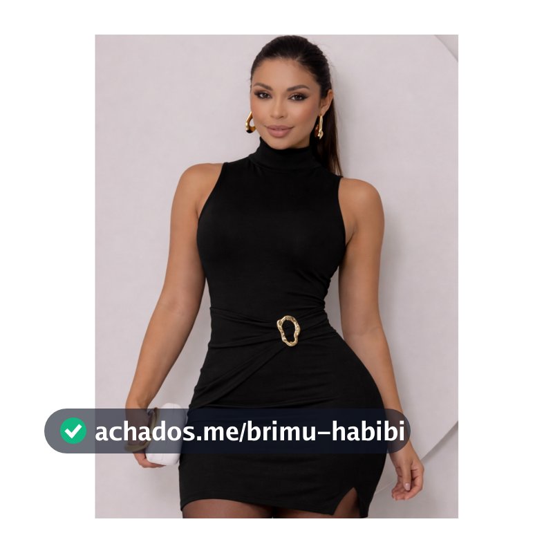 Vestido Tubinho Curto Feminino Gola Alta Fenda Lateral Com Acessório Dourado Festa Balada Luxo