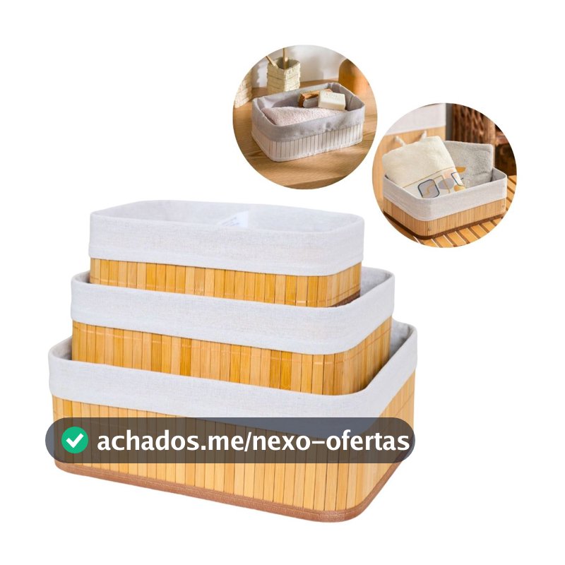 Kit 3 Cestos Organizadores de Bambu Multiuso com Forro