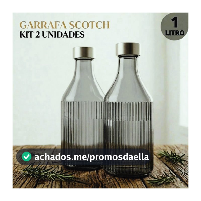 KIT DE 02 GARAFAS DE VIDRO SCOTCH CINZA 1L COM TAMPA INOX ESCOVADO FECHAMENTO HERETICO