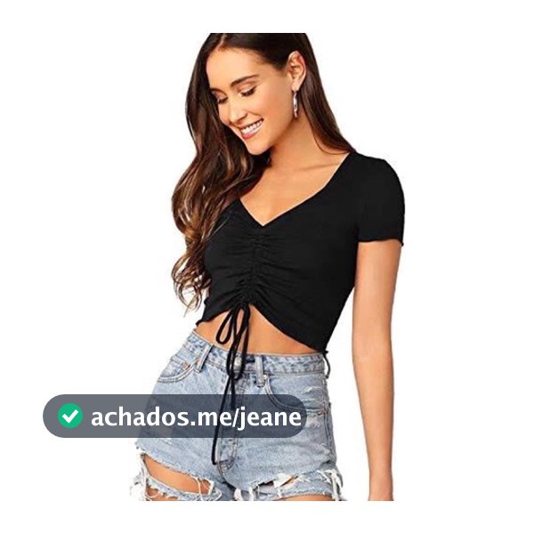 Cropped Feminino Drapeado Moda Gringa Manga Curta