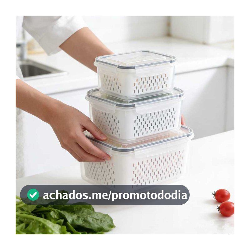 Kit 3 Potes De Organizador Hermetico Com Cesta Escorredor Para Geladeira