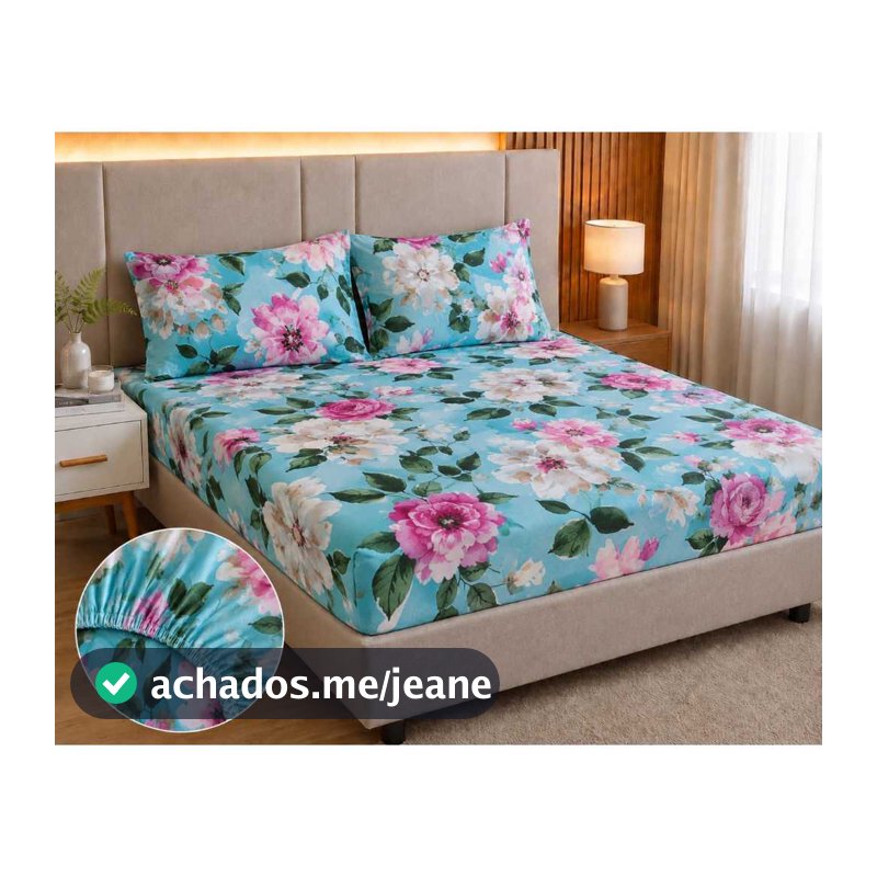 Lençol de cama floral com elástico microfibra casal box estampado Tok macio