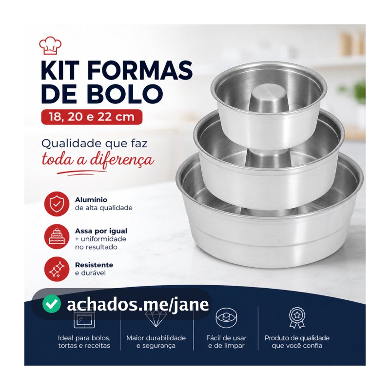kit 3 formas bolo aluminio tamanhos 18,20 e 22