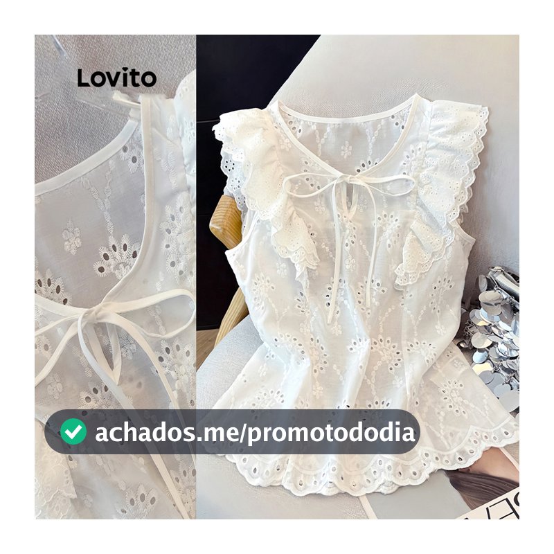 Lovito Blusa Branca Casual Com Babados Mangas Curtas Decote Em V Com Recorte E Bordado Inglês Para O Dia a Dia Na Primavera/verão Feminina LR38E037