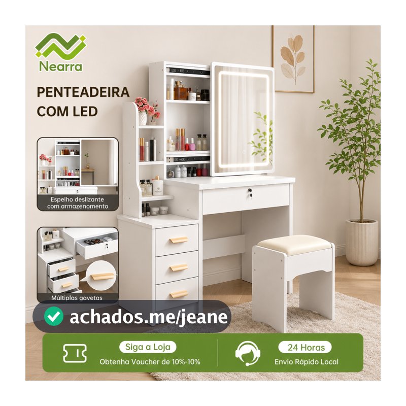 Nearra Penteadeira Compacta 80cm, com Espelho, Múltiplas Gavetas e Grande Espaço para Armazenar Cosméticos