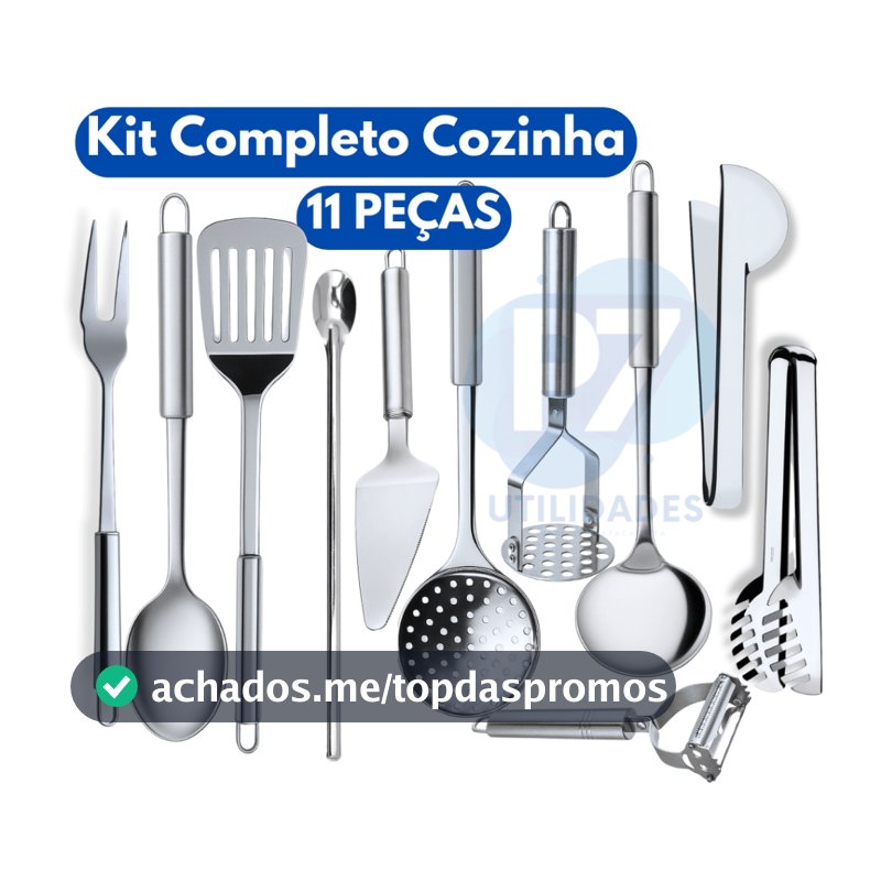 Kit Cozinha 11 Utencilios Inox Descascador de Legumes Amassador Batata Concha Talheres Escumadeira