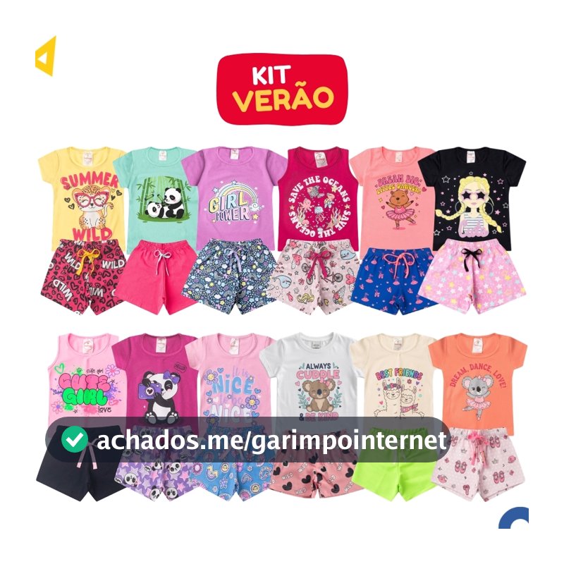 Kit Sortido 10 Peças Roupa Infantil Menina Conjunto Feminino Verão Algodão 5 Blusas + 5 Shorts do 1 ao 14