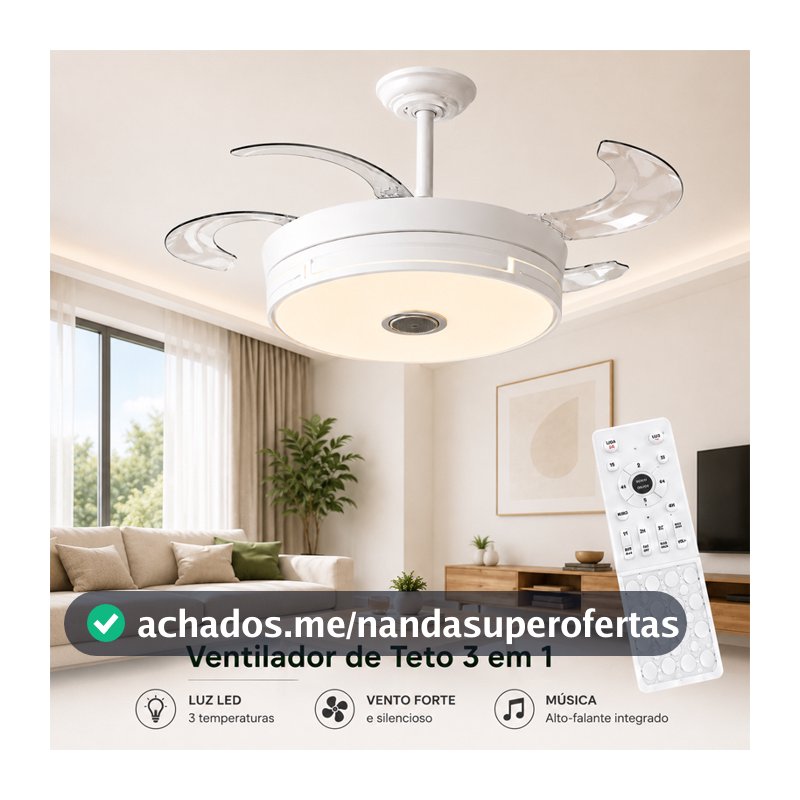 Ventilador de Teto Retrátil 42" com LED, Controle Remoto, Som Integrado, 3 Cores, Silencioso, Bivolt - Branco