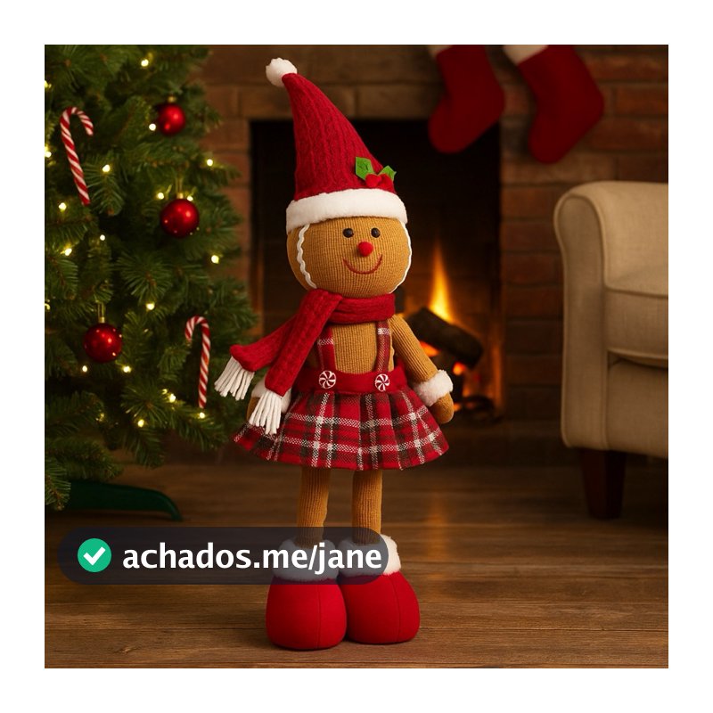 Enfeite Boneco Biscoito Natalino de Pelúcia Retrátil 60cm – Decoração de Natal com Roupas Vermelhas e Detalhes Clássicos