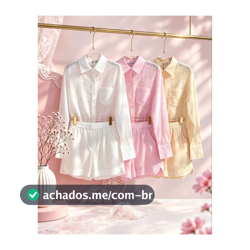 Conjunto em linho importado camisa e short com forrado casaul elegante para seu looks coreção novo em verão