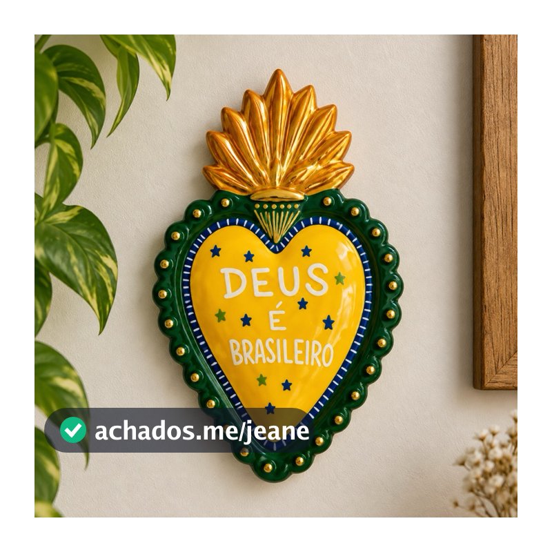 Coração “Deus é brasileiro” - coração mexicano amarelo - decoração parede - pintado manualmente com acabamento em resina