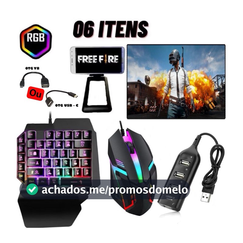 Kit Mobilador Gamer Completo Celular Android Teclado Mouse OTG Hub Tripé