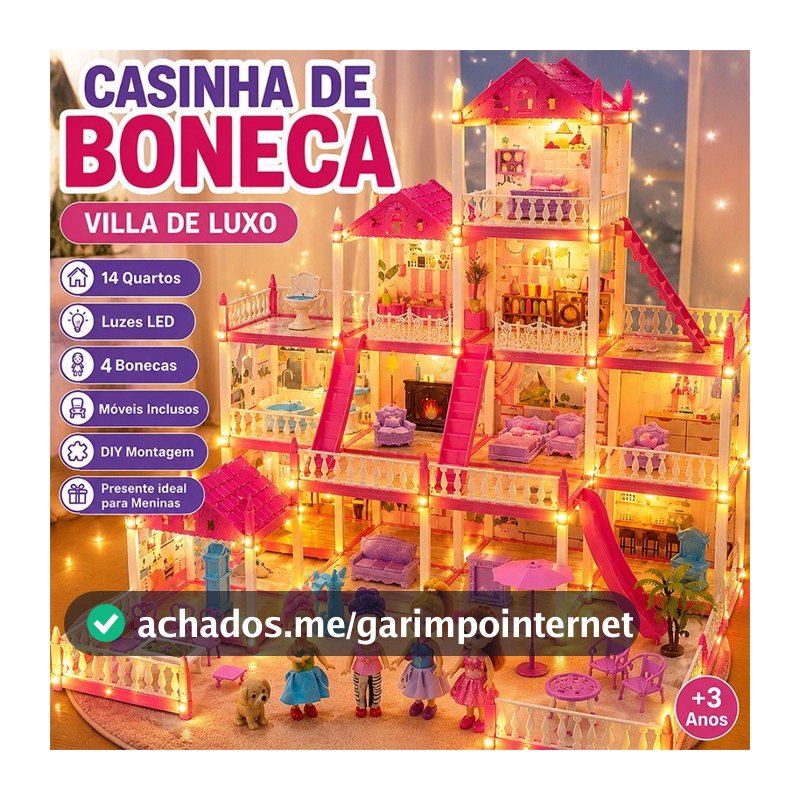 Casinha De Boneca Grande Luxo 14 Quartos Com Luz LED Móveis Inclusos DIY Brinquedo Infantil Presente Para Meninas