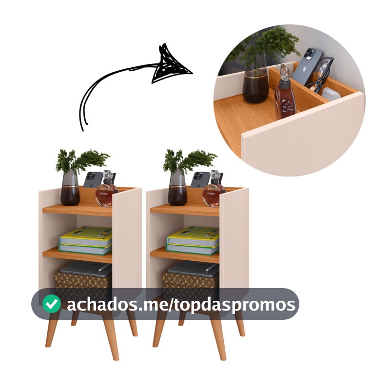 Conjunto 2 Mesas de Cabeceira Compacta com Pés Retrô Nicho e Prateleira MAx