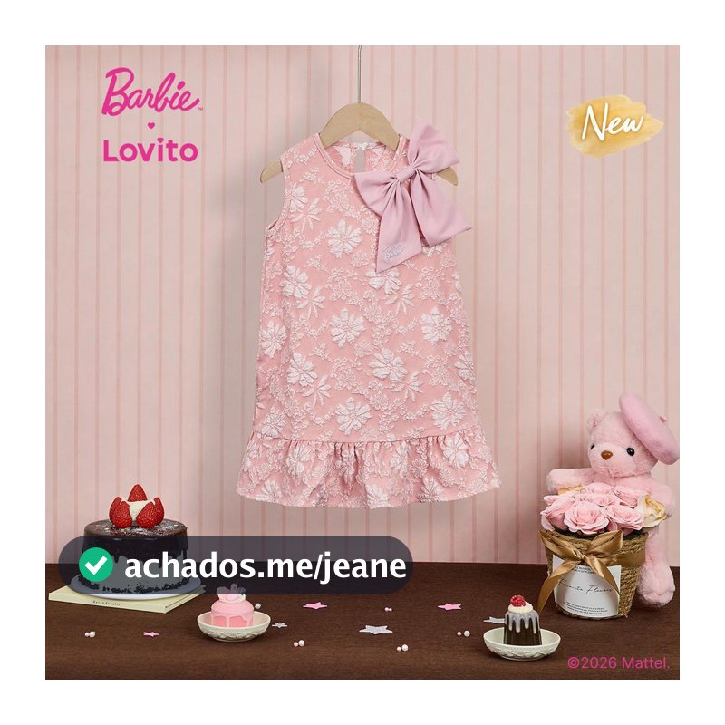 (New Arrival) Barbie™ X Lovito Kids Vestido Casual Rosa Com Laço E Acabamento Em Bordado E Babados Para Menina primavera/verão DRBL6PAD034
