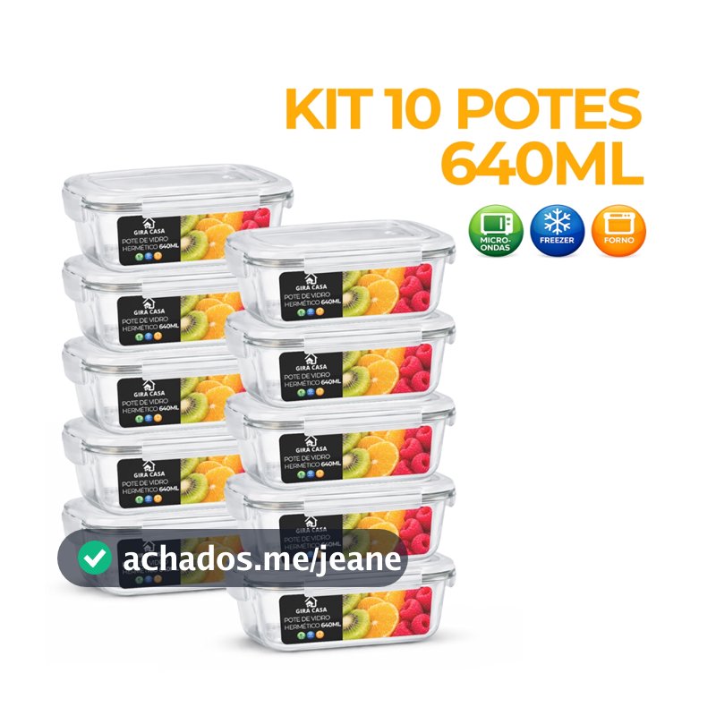 Kit 3/5/10 Potes de Vidro 640ml Hermético Marmita Fit com Tampa 4 Travas