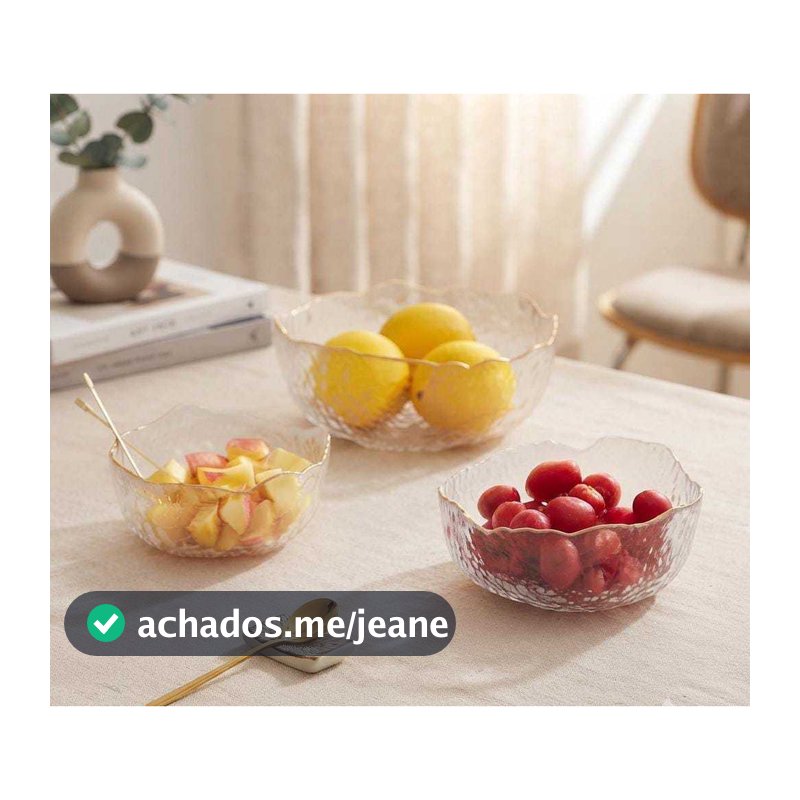 Kit 3 Bowls Vidro Canelado Borda Dourada Ouro Conjunto Saladeira Petisqueira Sobremesa Servir Mesa Posta