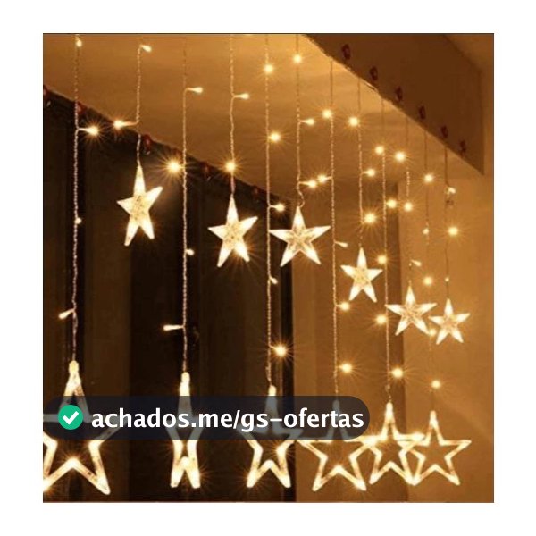 Cortina de Luzes Natalinas Estrelas 3m 110V/220V 12 Pendentes LED Quente, Branca e Colorida Decoração de Natal