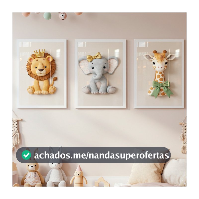 Kit 3 Peças Quadros Infantil Bebê Safari Elefantinho Leãozinho Girafinha Fofos Quarto
