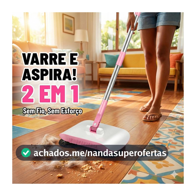 Vassoura Mágica 2 em 1 – Aspirador Manual e Esfregão Giratório para Limpeza Doméstica Prática